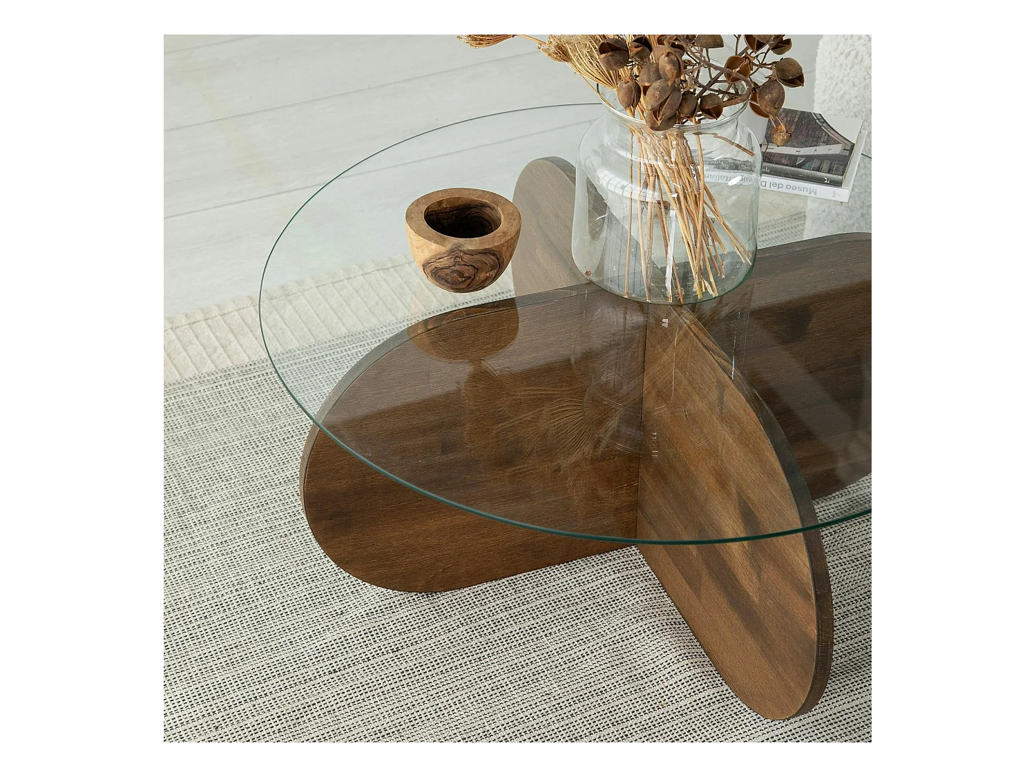 Table basse en verre – pied en croix bois brun ANZIO