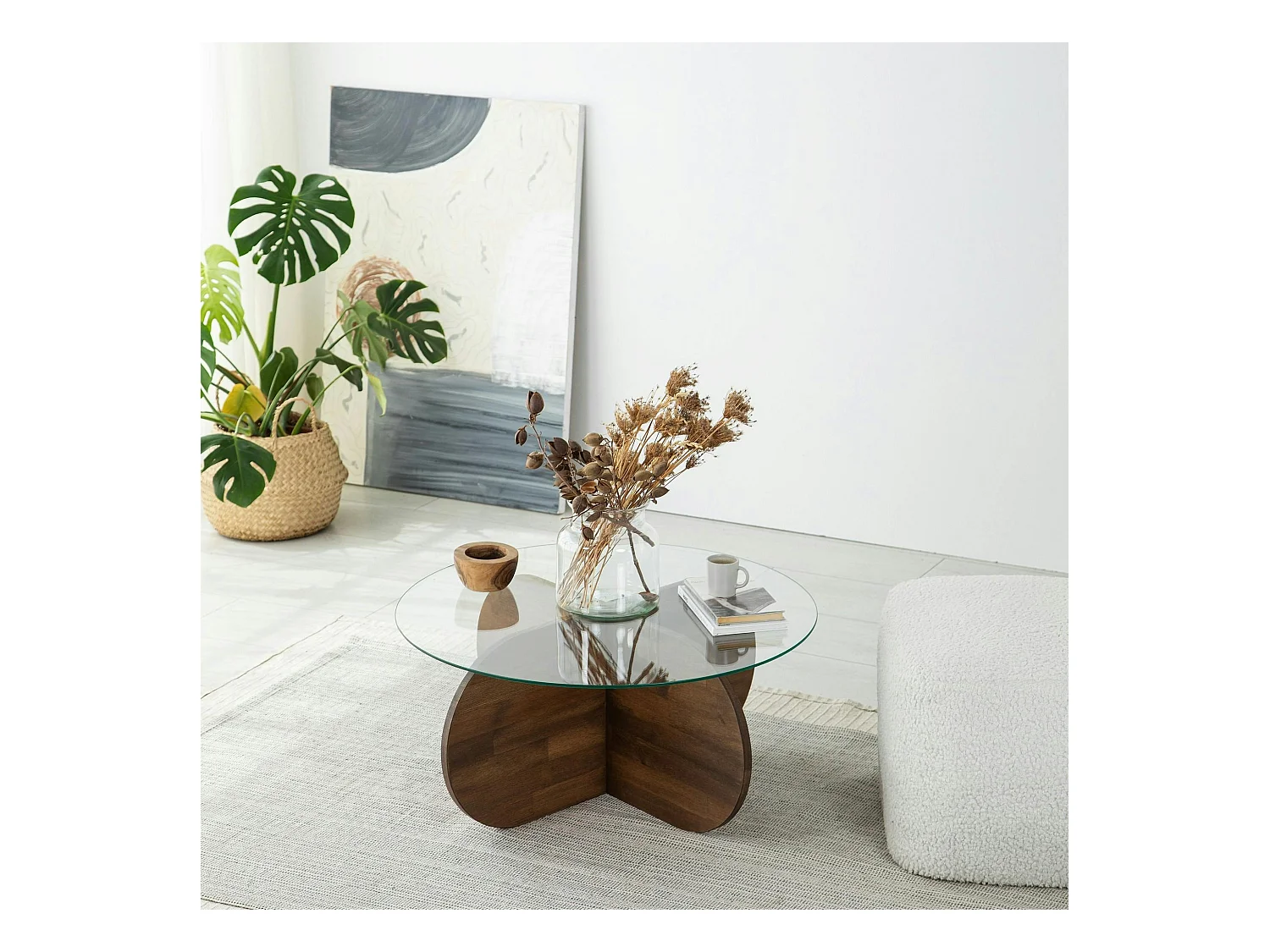 Table basse en verre – pied en croix bois brun ANZIO