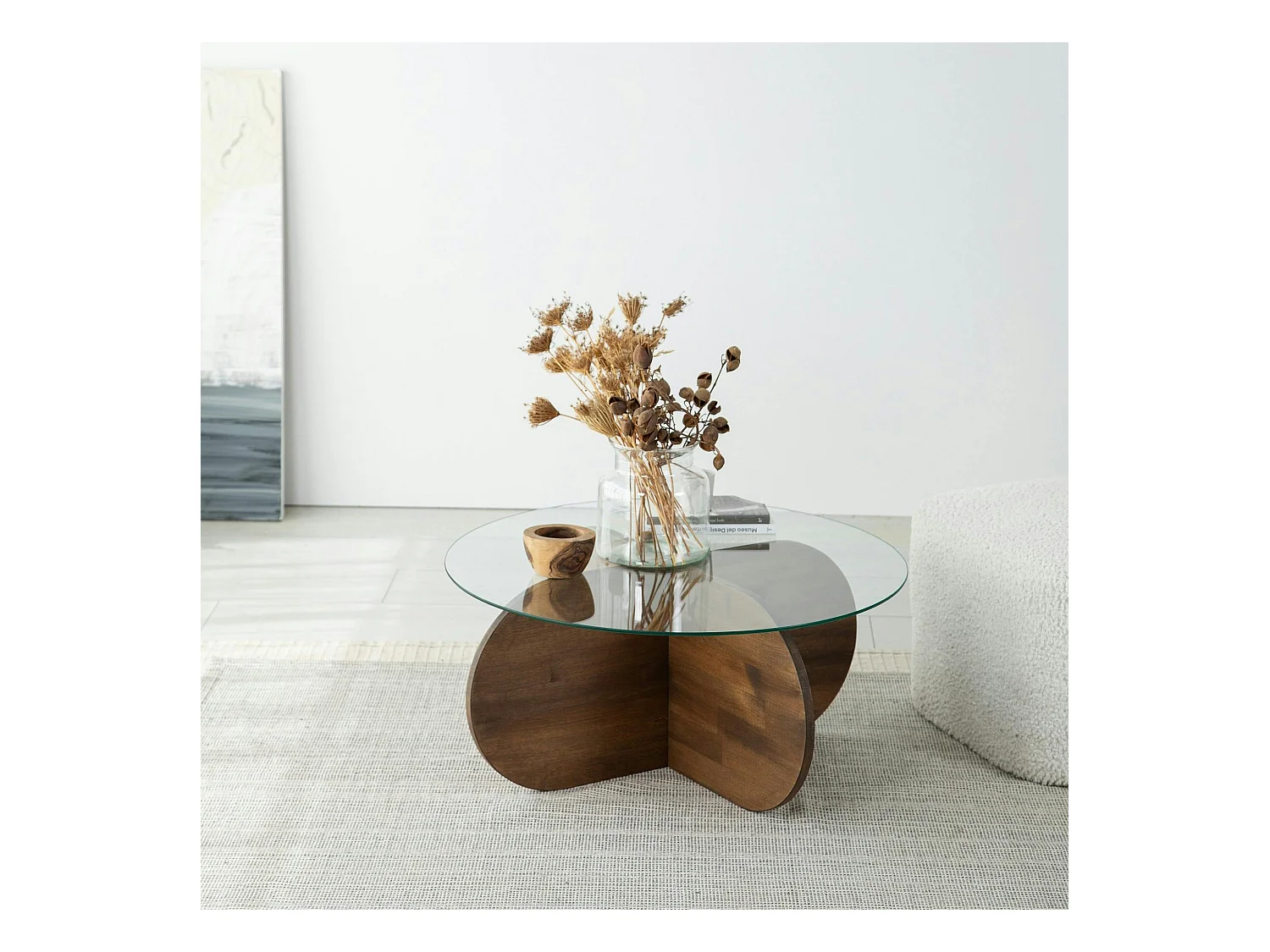 Table basse en verre – pied en croix bois brun ANZIO