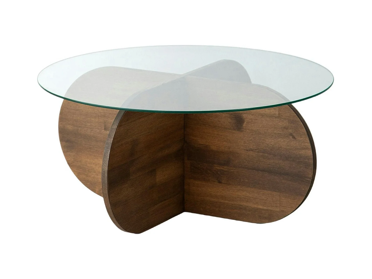 Table basse en verre – pied en croix bois brun ANZIO