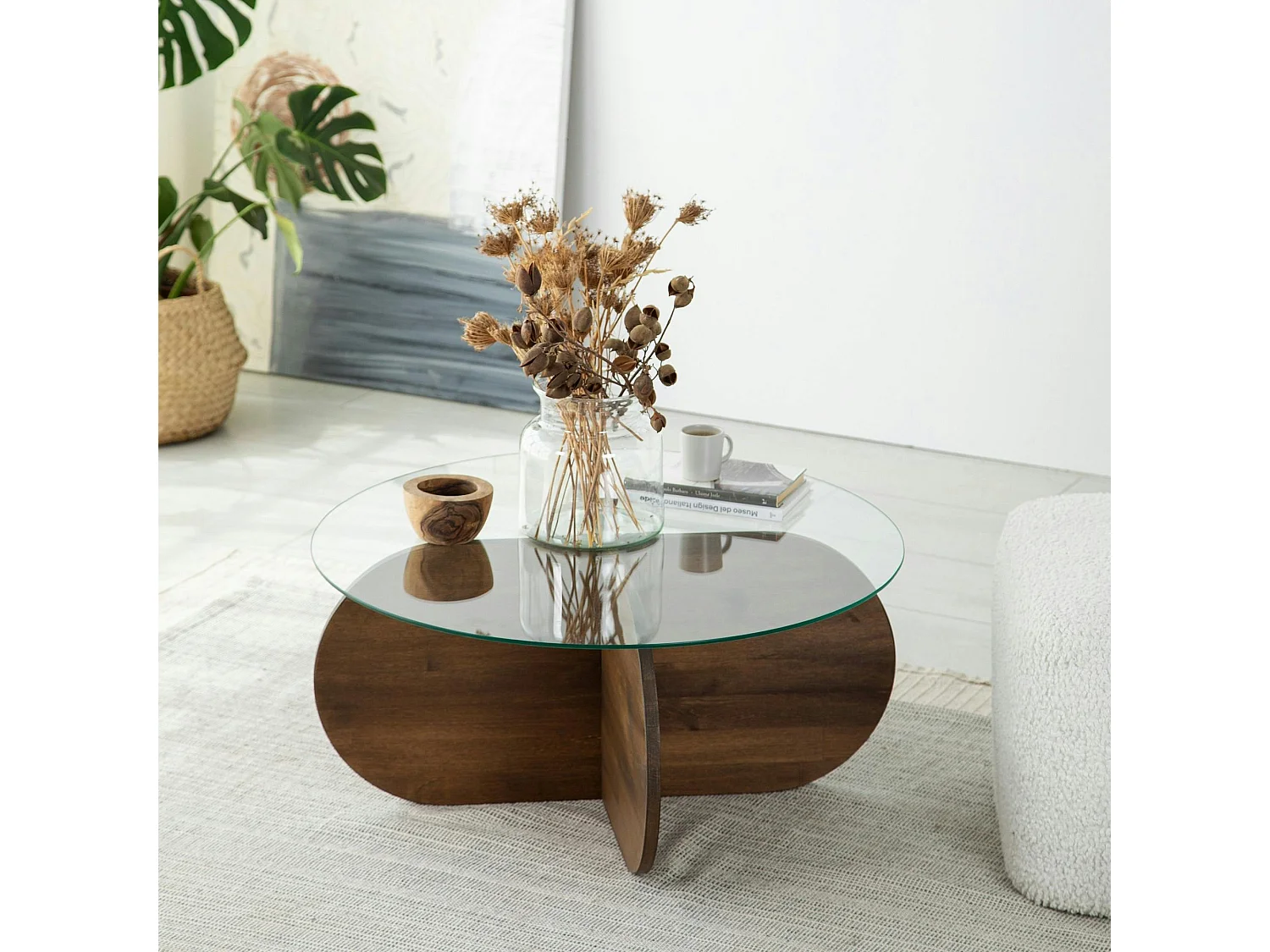 Table basse en verre – pied en croix bois brun ANZIO