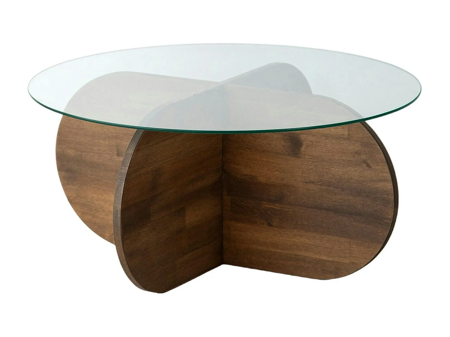 Table basse en verre – pied en croix bois brun ANZIO