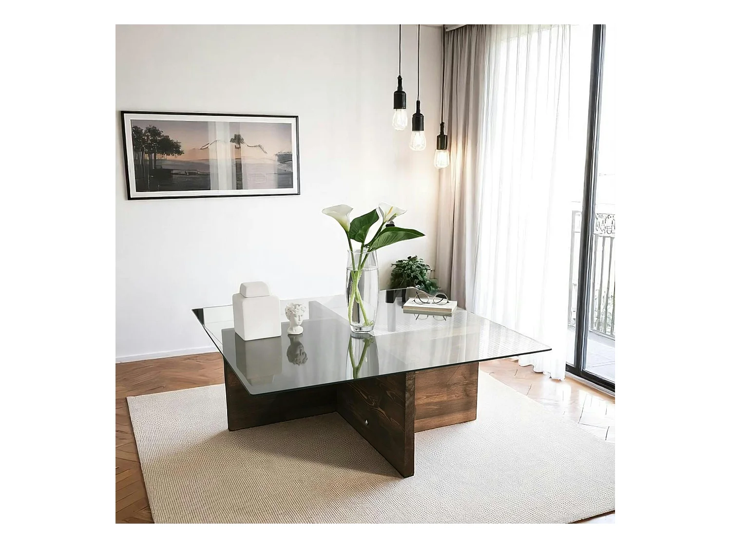 Table basse carrée verre et bois brun - base croisée LHASA