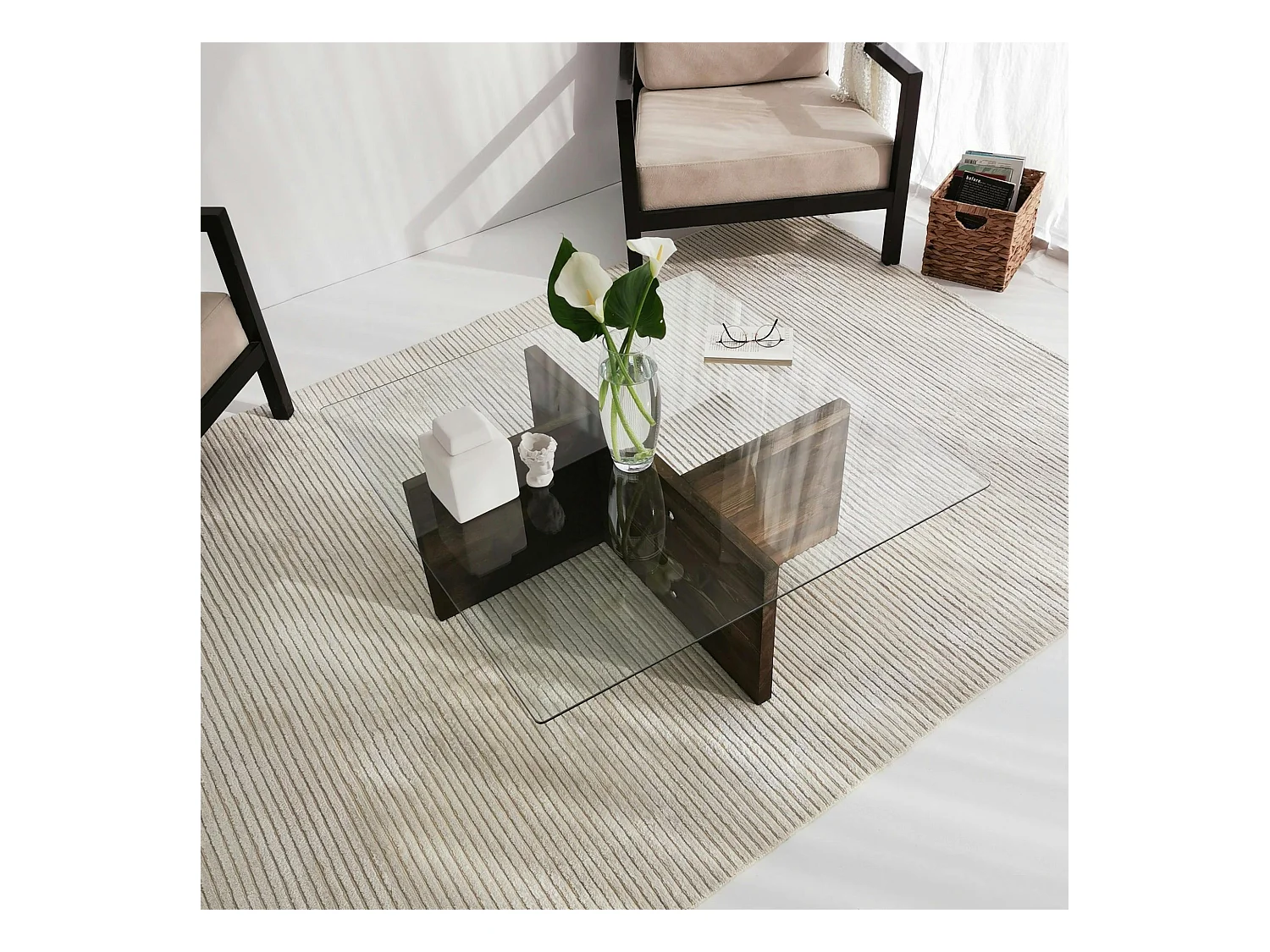 Table basse carrée verre et bois brun - base croisée LHASA