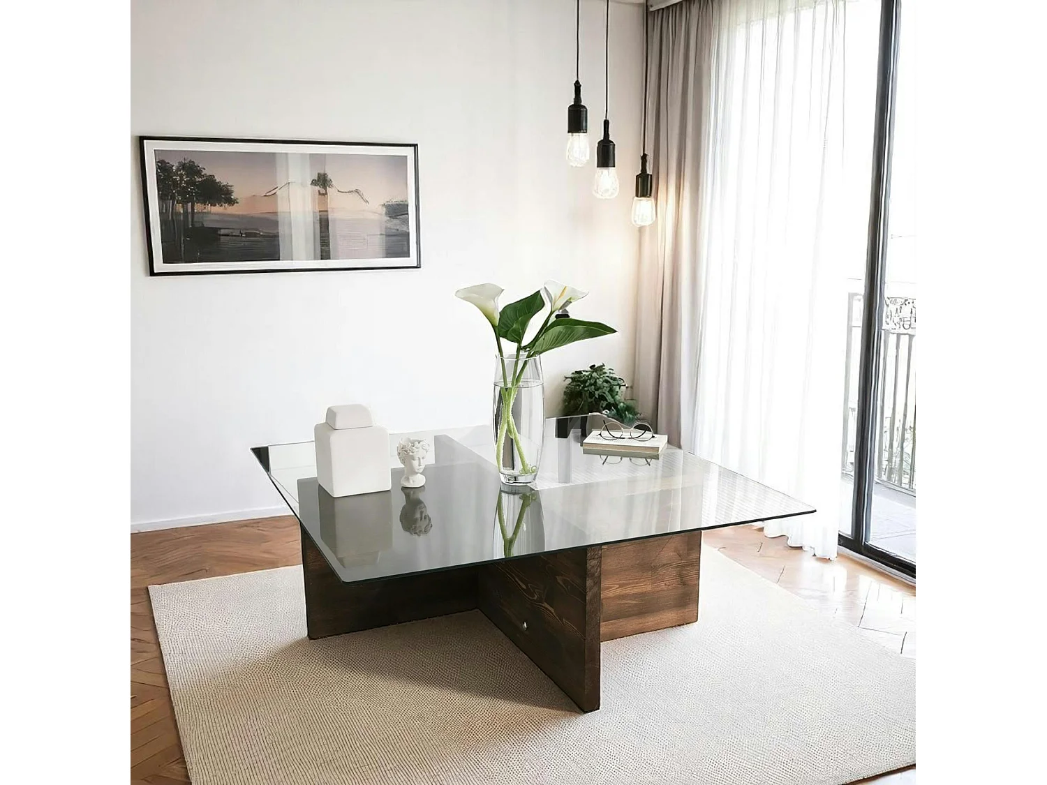 Table basse carrée verre et bois brun - base croisée LHASA