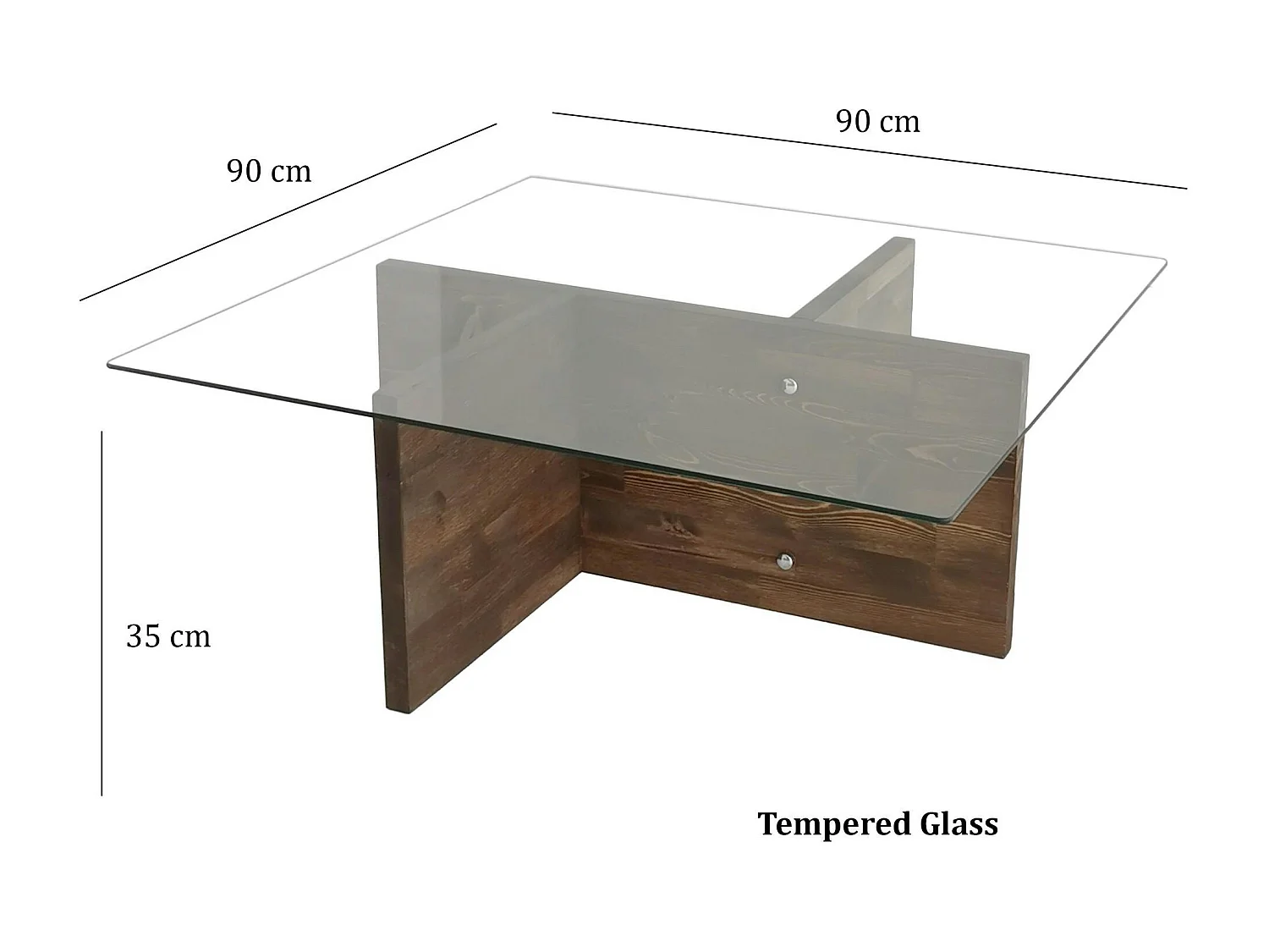 Table basse carrée verre et bois brun - base croisée LHASA