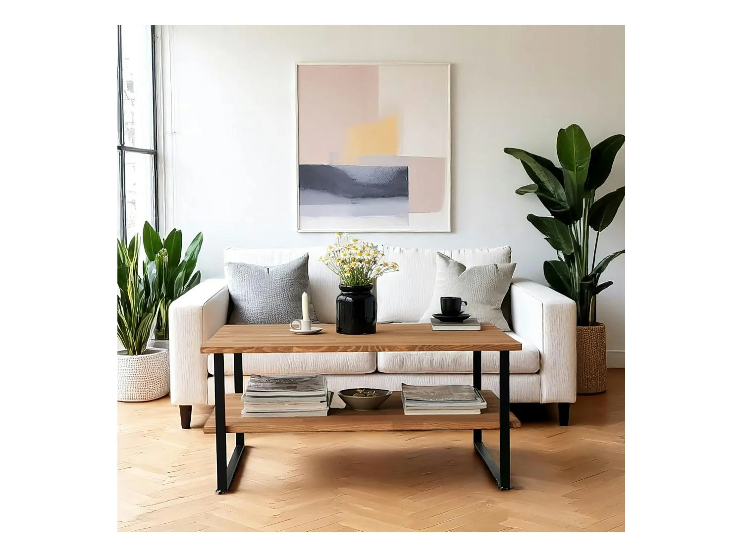 Table basse avec rangement - bois clair et métal OTRENTO