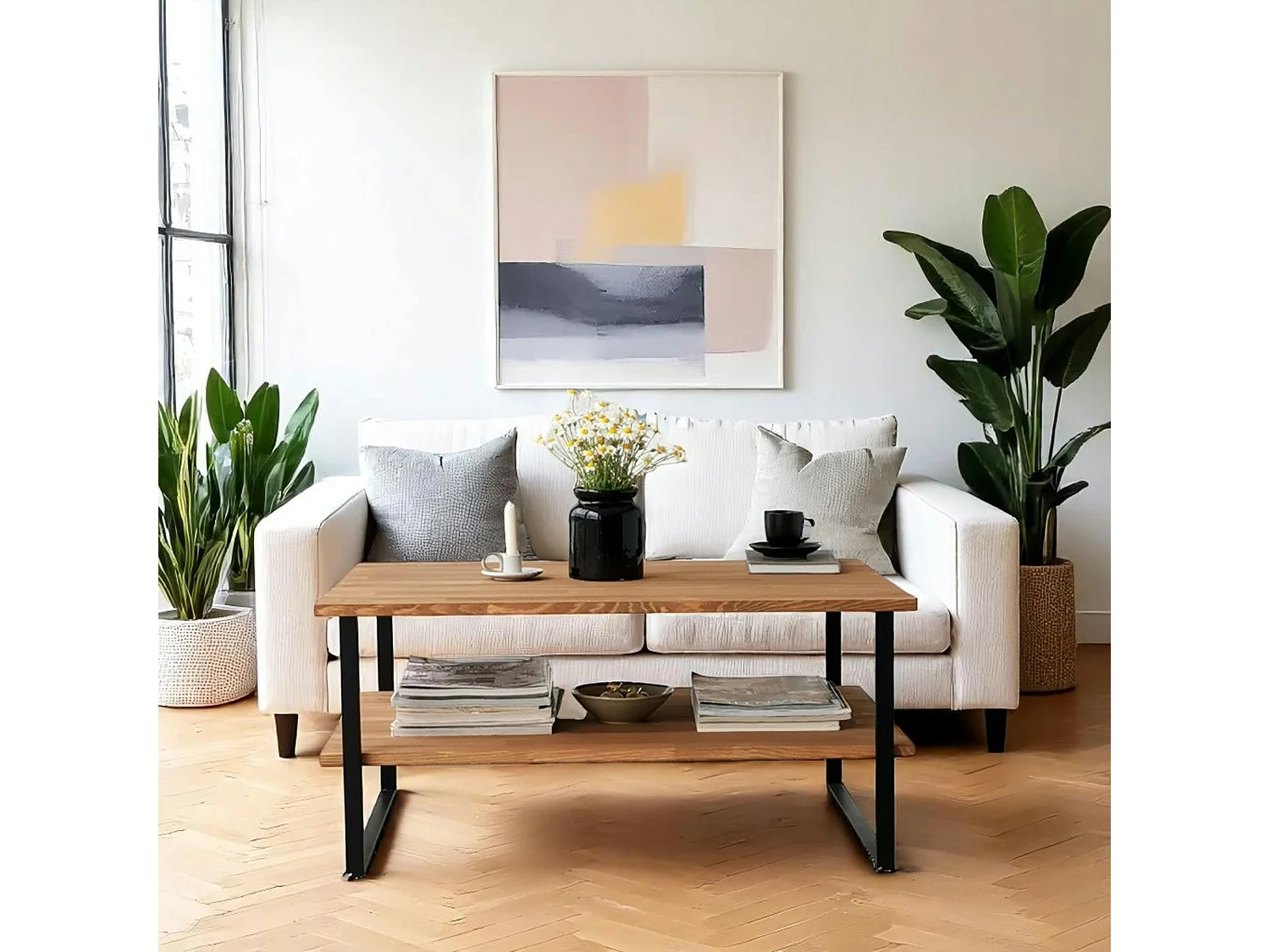 Table basse avec rangement - bois clair et métal OTRENTO