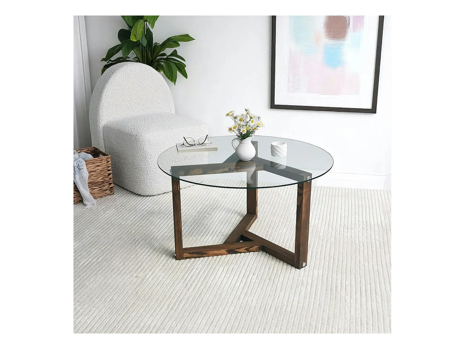 Table basse en verre - pied 3 branches, bois brun ANZIO