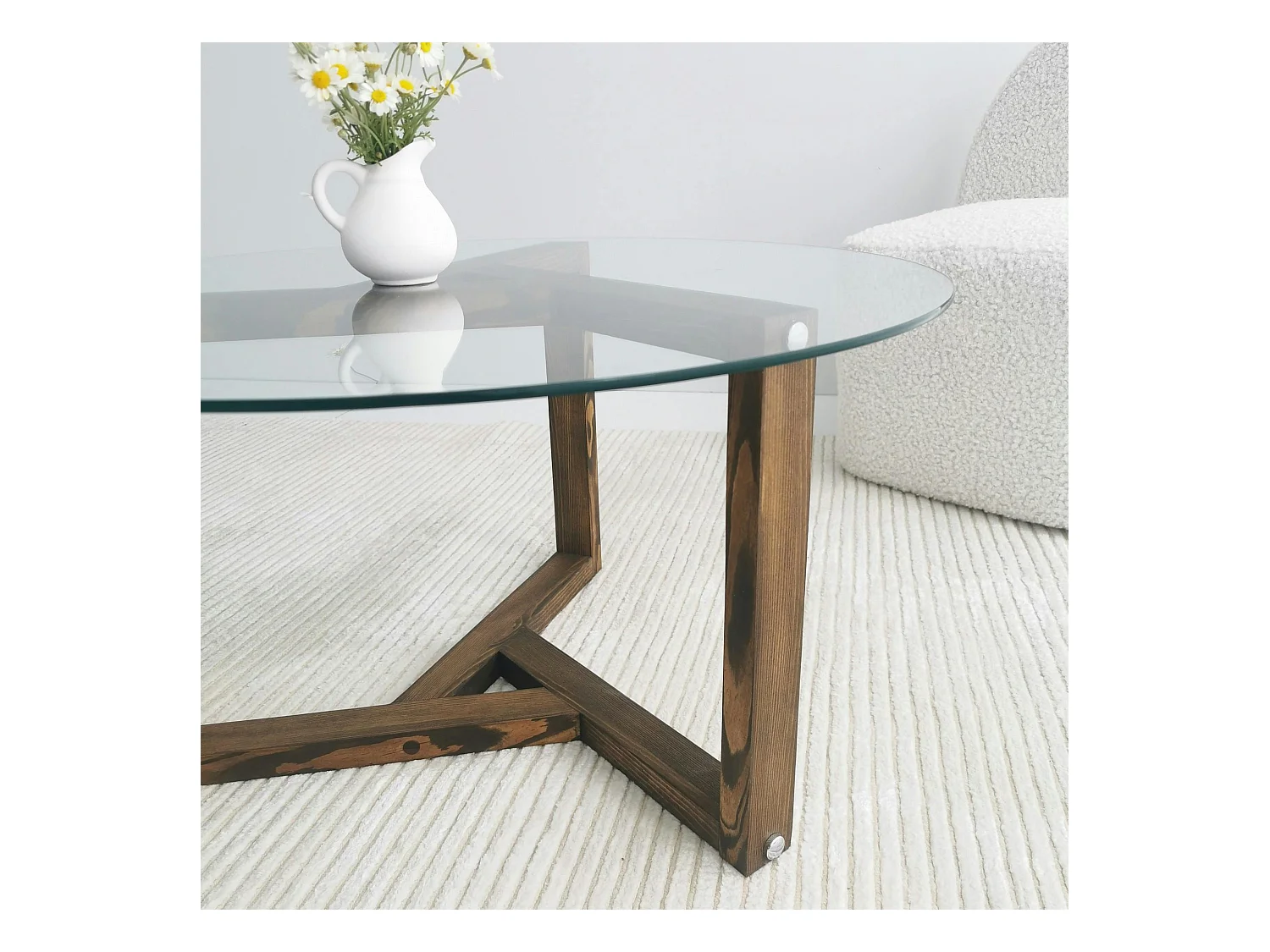 Table basse en verre - pied 3 branches, bois brun ANZIO