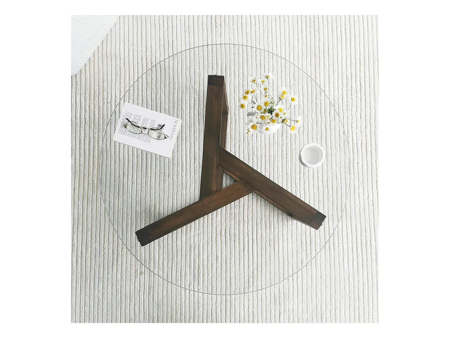 Table basse en verre - pied 3 branches, bois brun ANZIO