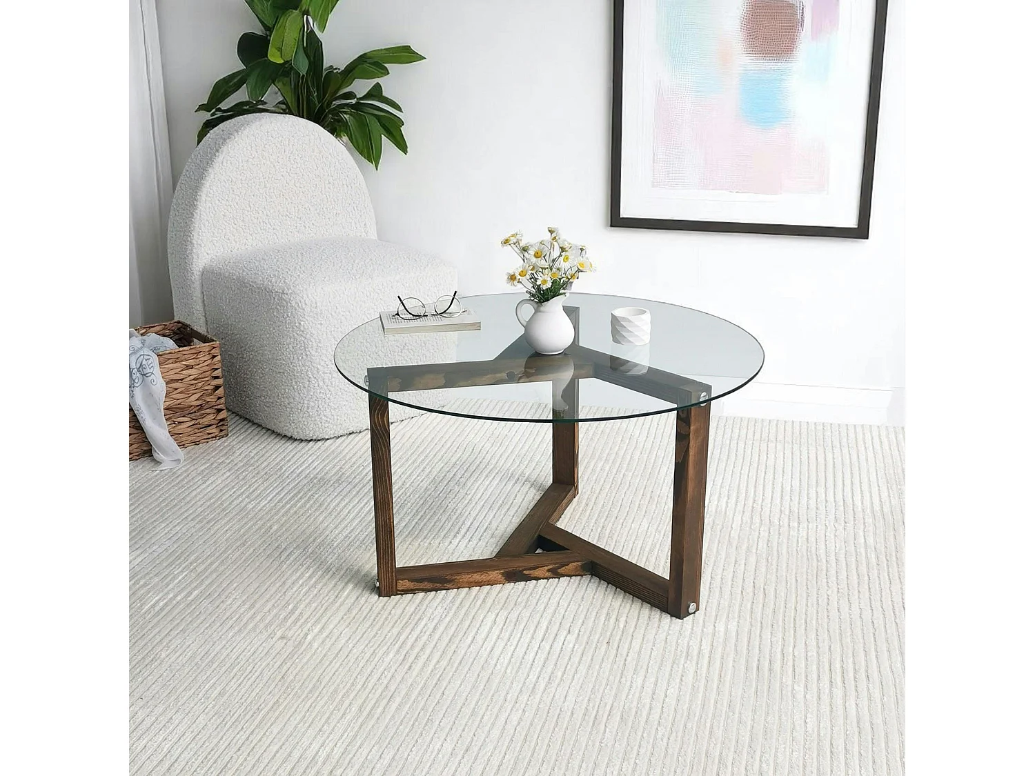 Table basse en verre - pied 3 branches, bois brun ANZIO