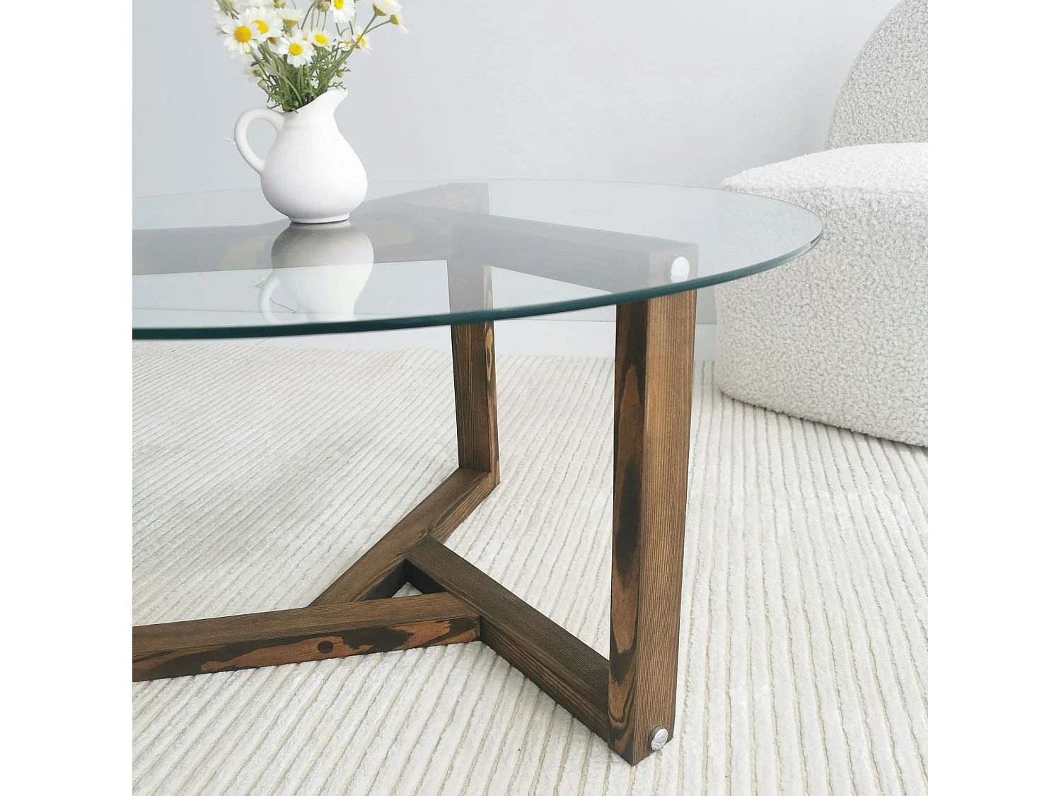 Table basse en verre - pied 3 branches, bois brun ANZIO