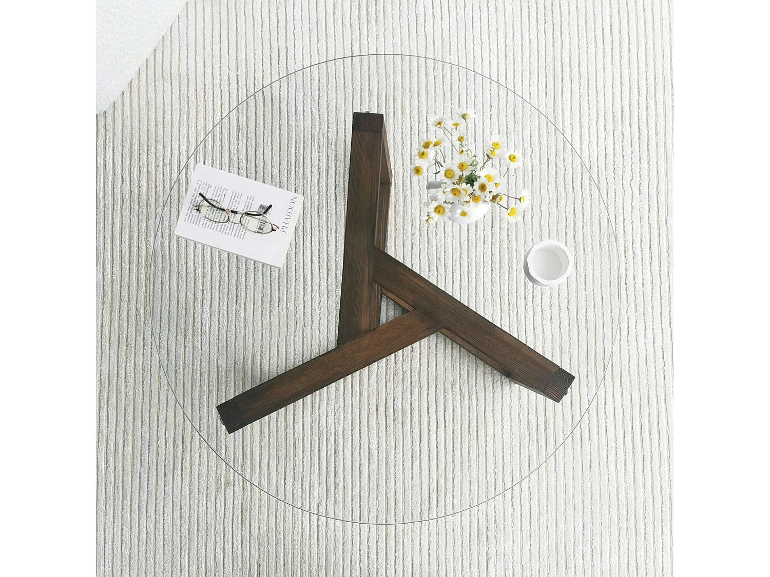 Table basse en verre - pied 3 branches, bois brun ANZIO