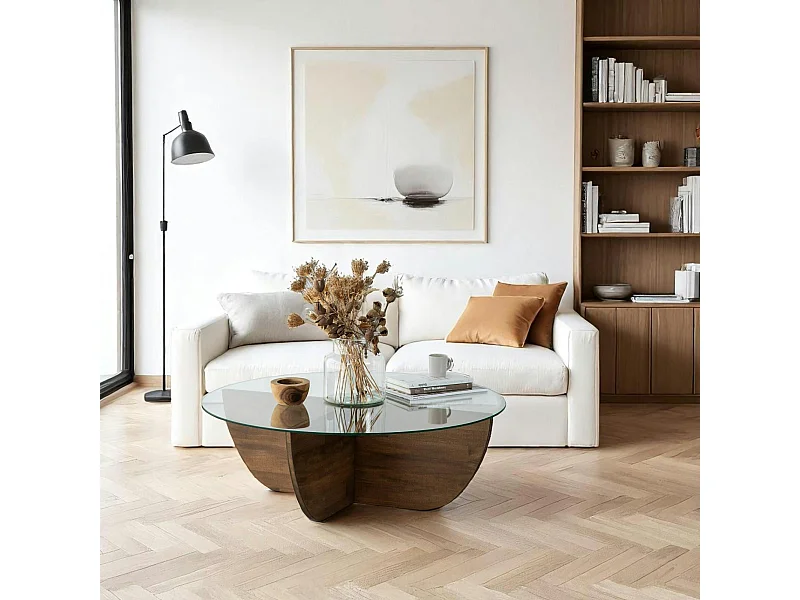 Table basse en verre – pied croix bois brun, 90 cm ANZIO