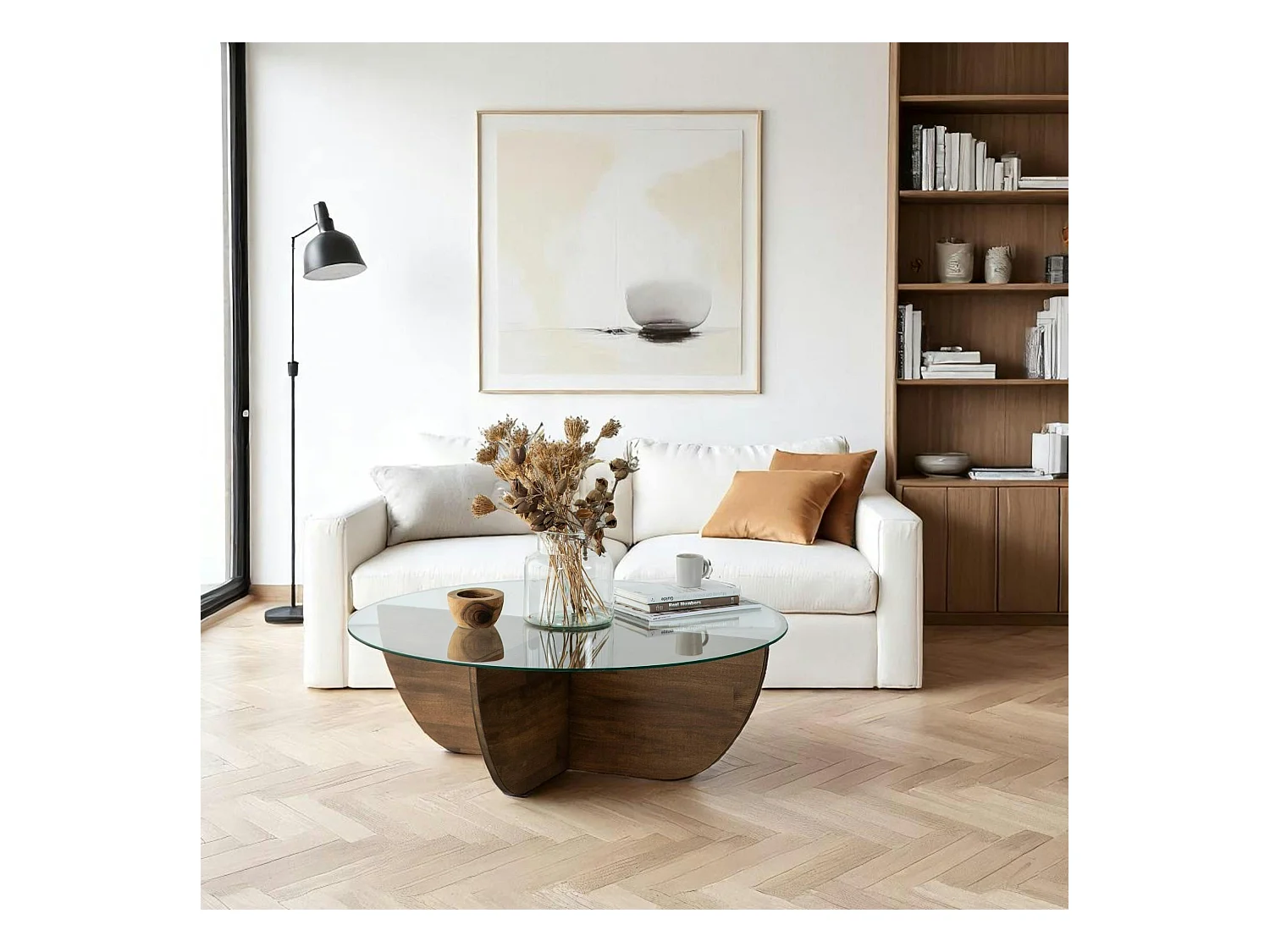 Table basse en verre – pied croix bois brun, 90 cm ANZIO