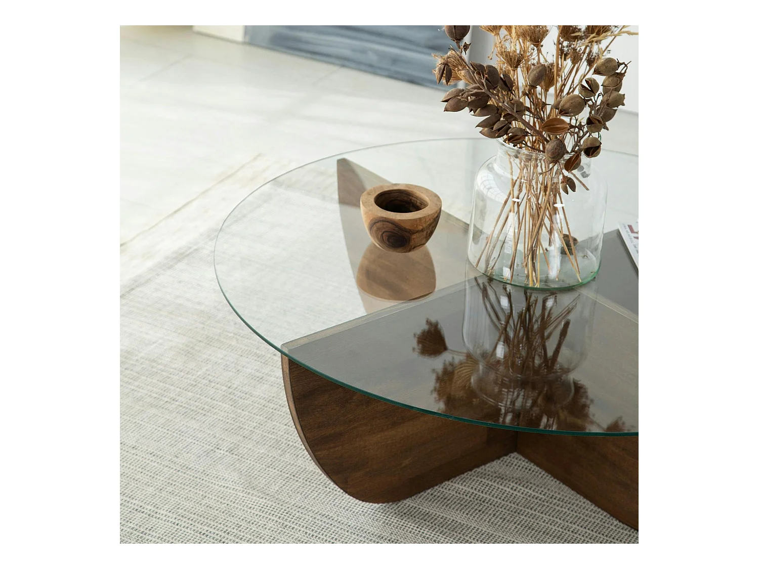 Table basse en verre – pied croix bois brun, 90 cm ANZIO