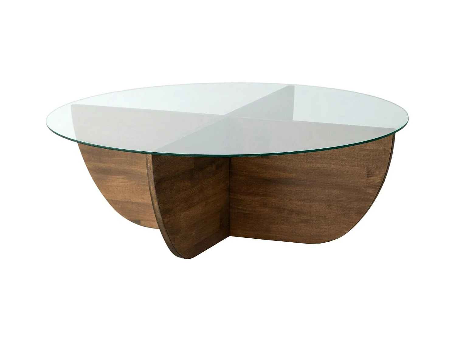Table basse en verre – pied croix bois brun, 90 cm ANZIO