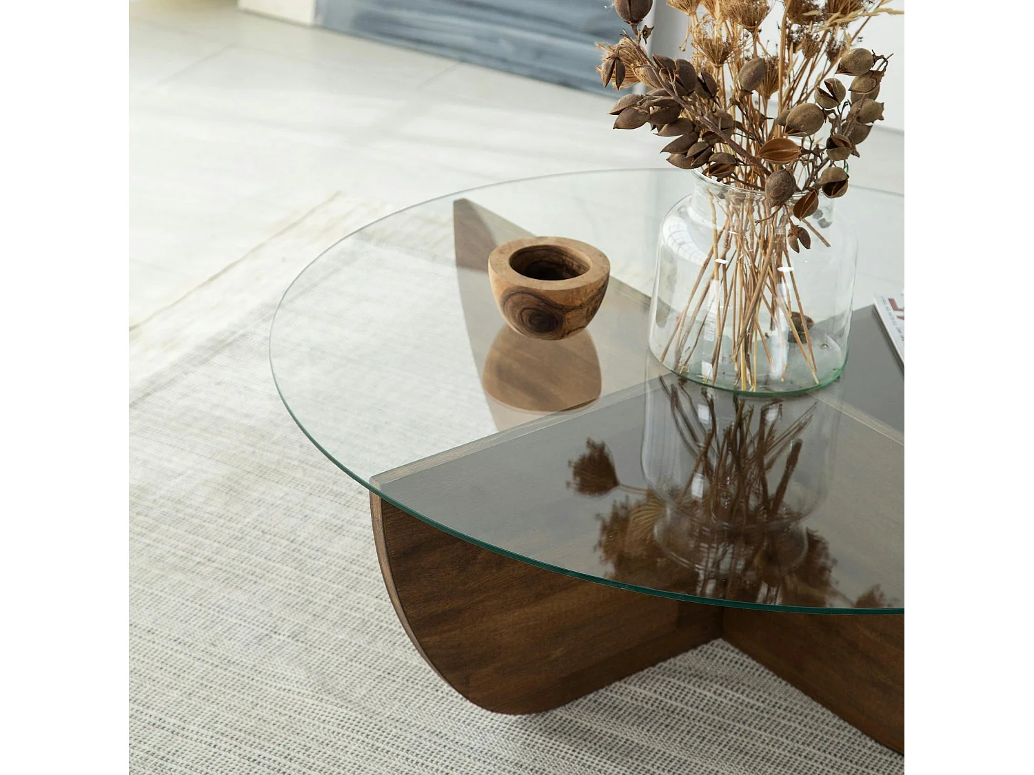 Table basse en verre – pied croix bois brun, 90 cm ANZIO