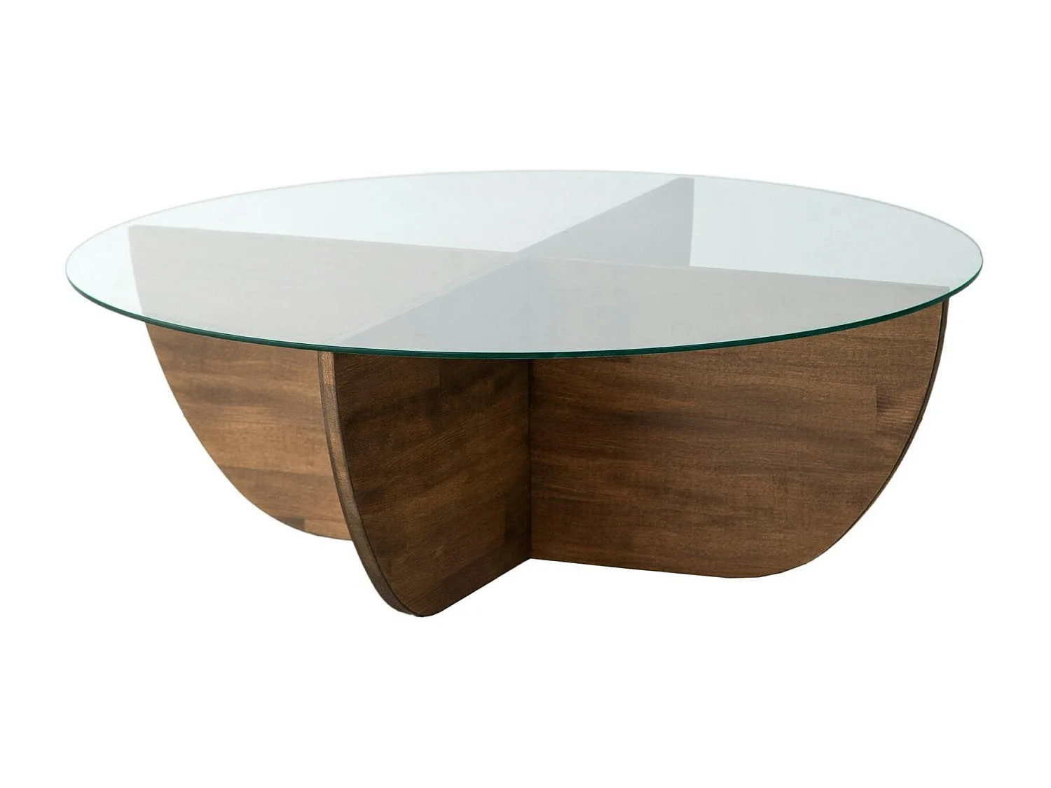 Table basse en verre – pied croix bois brun, 90 cm ANZIO