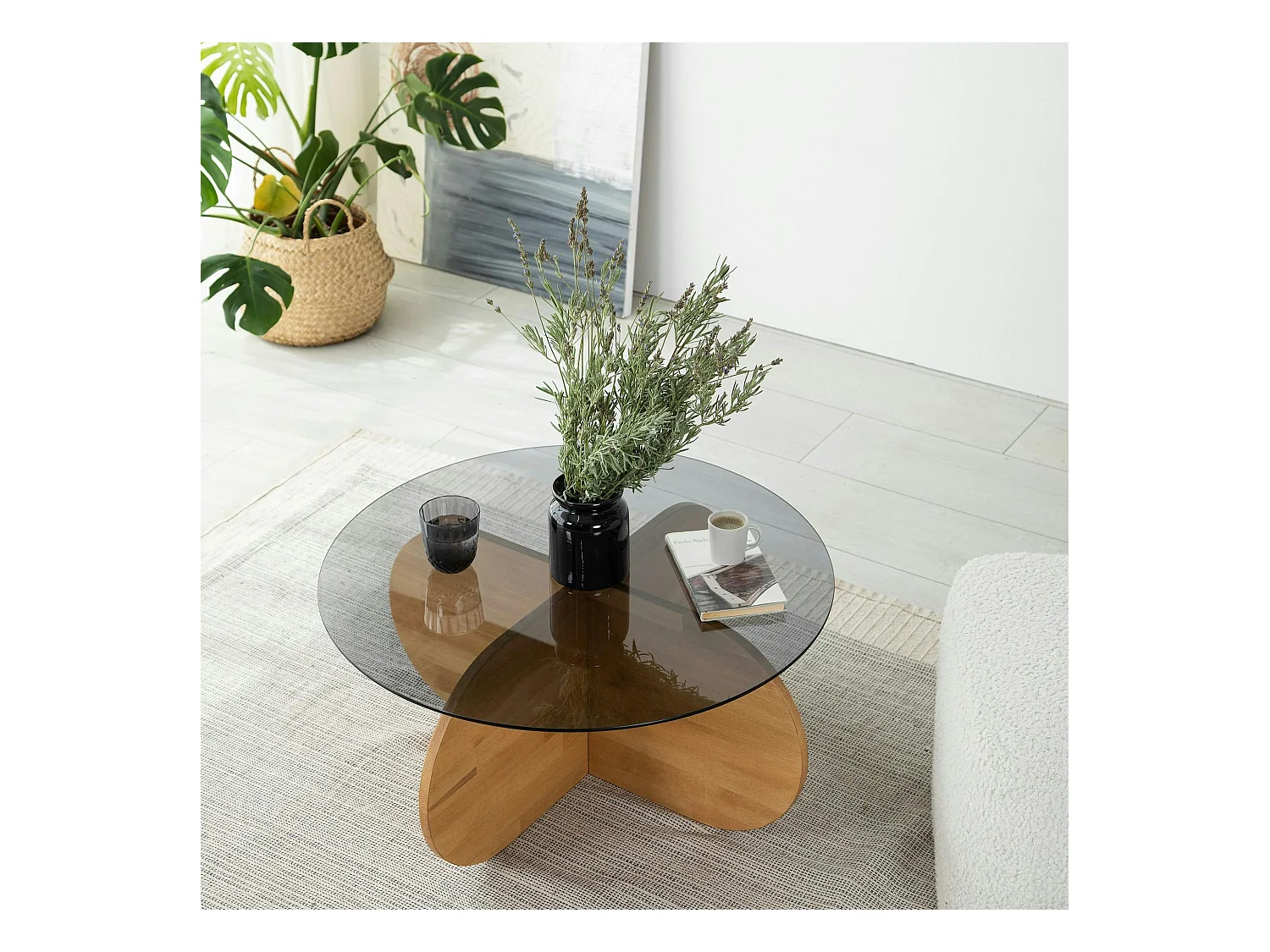 Table basse en verre fumé – pied en croix bois clair ANZIO