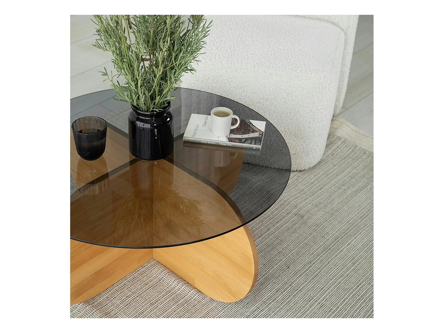 Table basse en verre fumé – pied en croix bois clair ANZIO