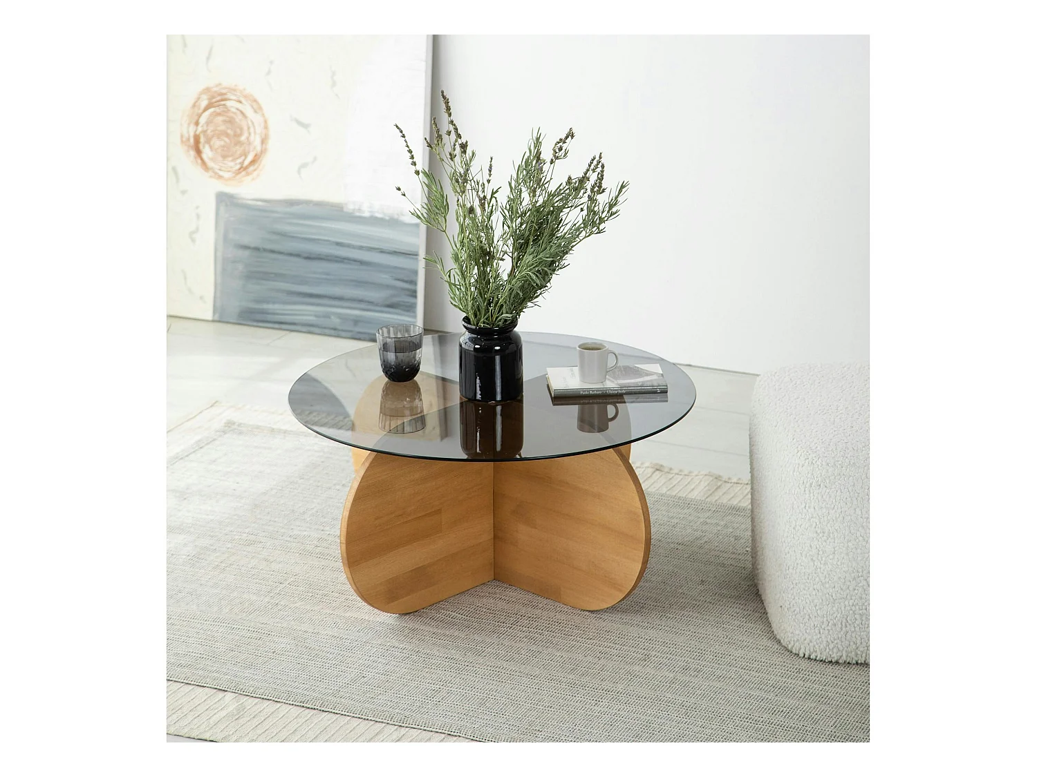 Table basse en verre fumé – pied en croix bois clair ANZIO