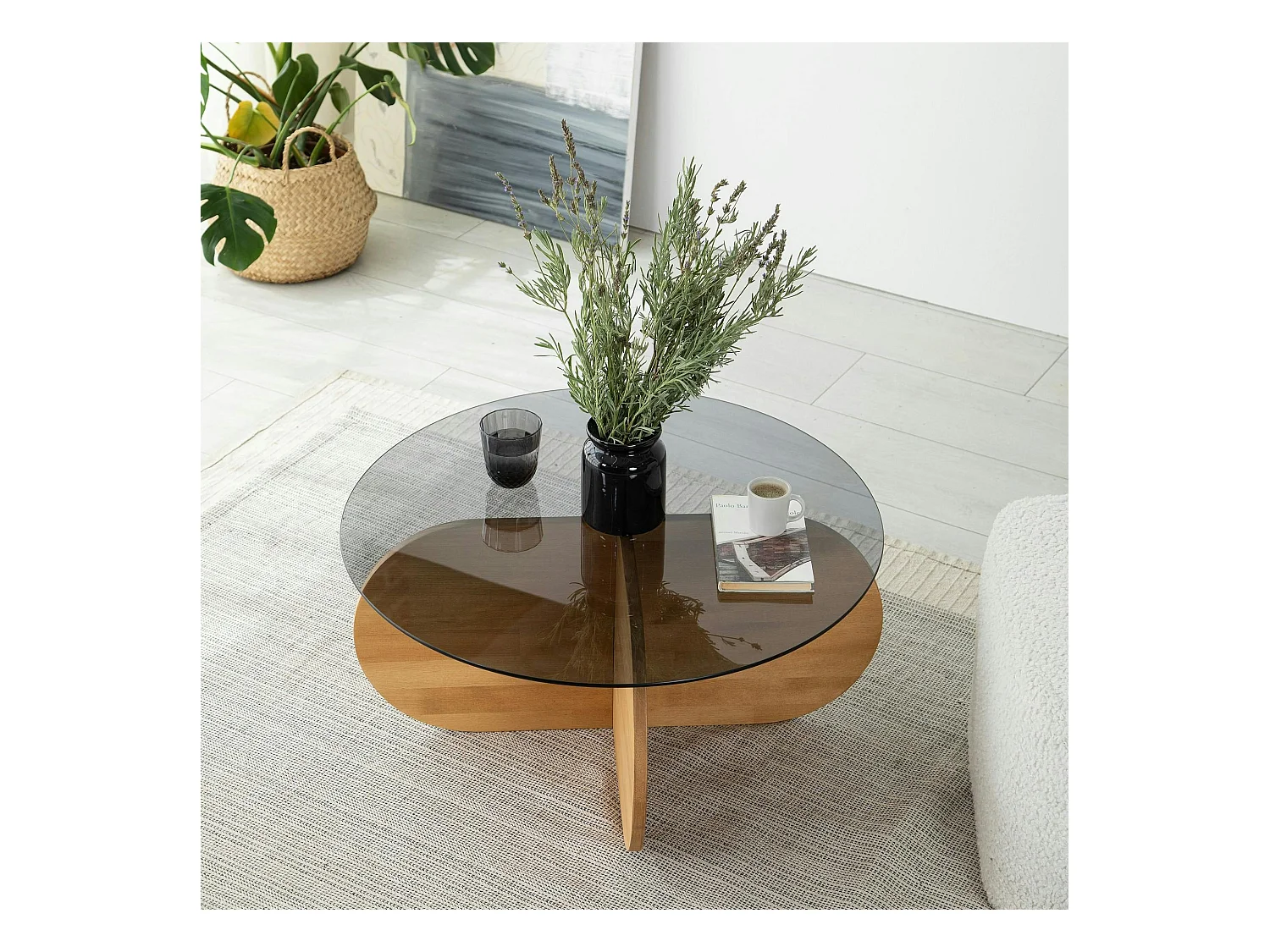 Table basse en verre fumé – pied en croix bois clair ANZIO