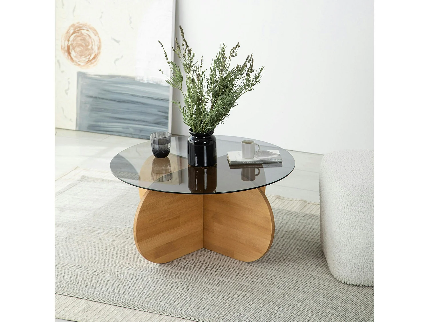 Table basse en verre fumé – pied en croix bois clair ANZIO