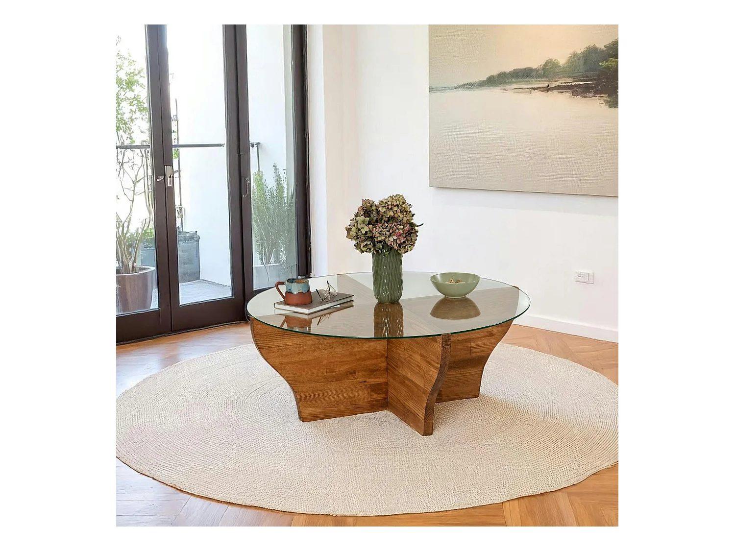 Table basse en verre et bois marron - pied en X, ANZIO