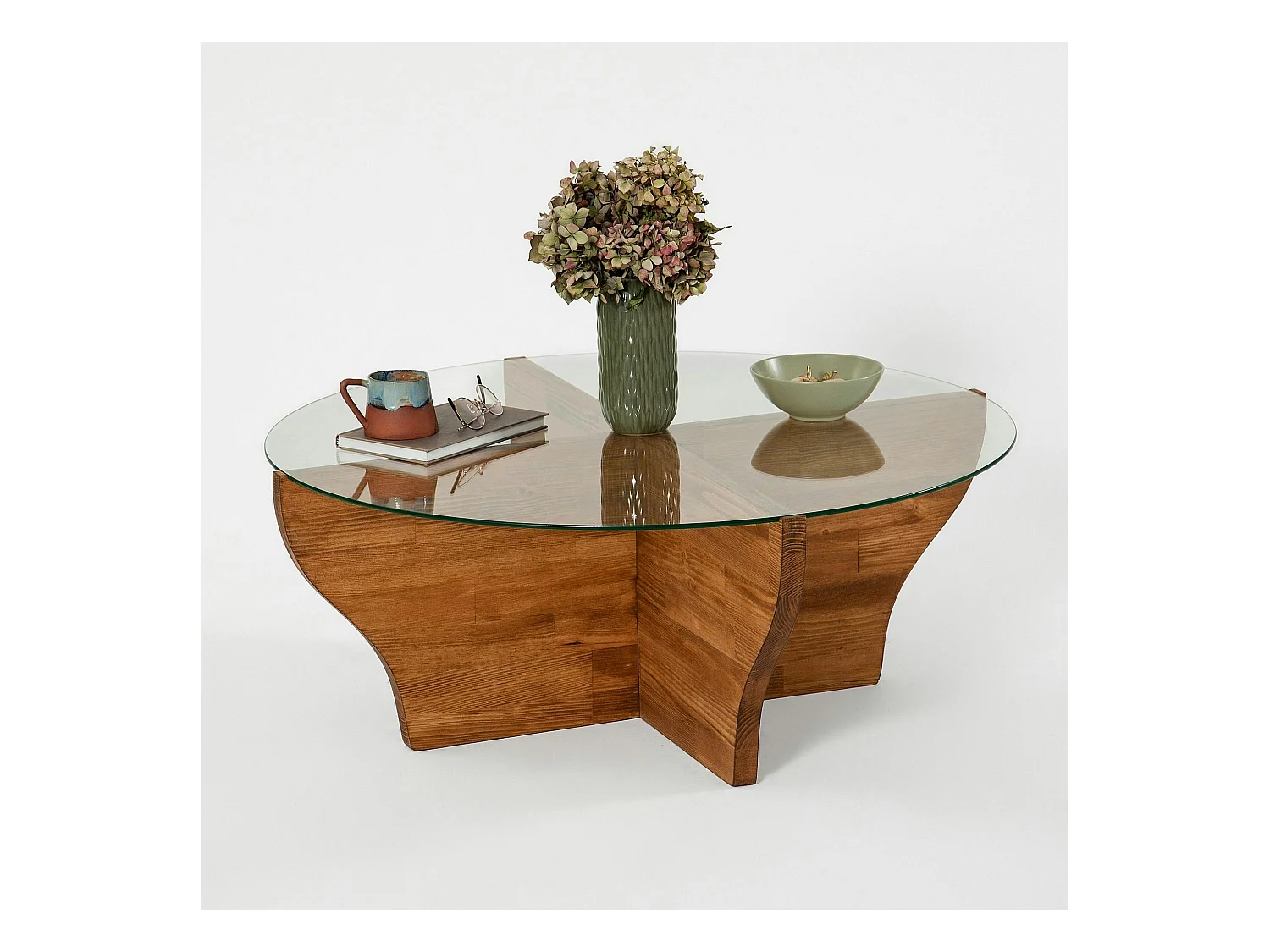Table basse en verre et bois marron - pied en X, ANZIO