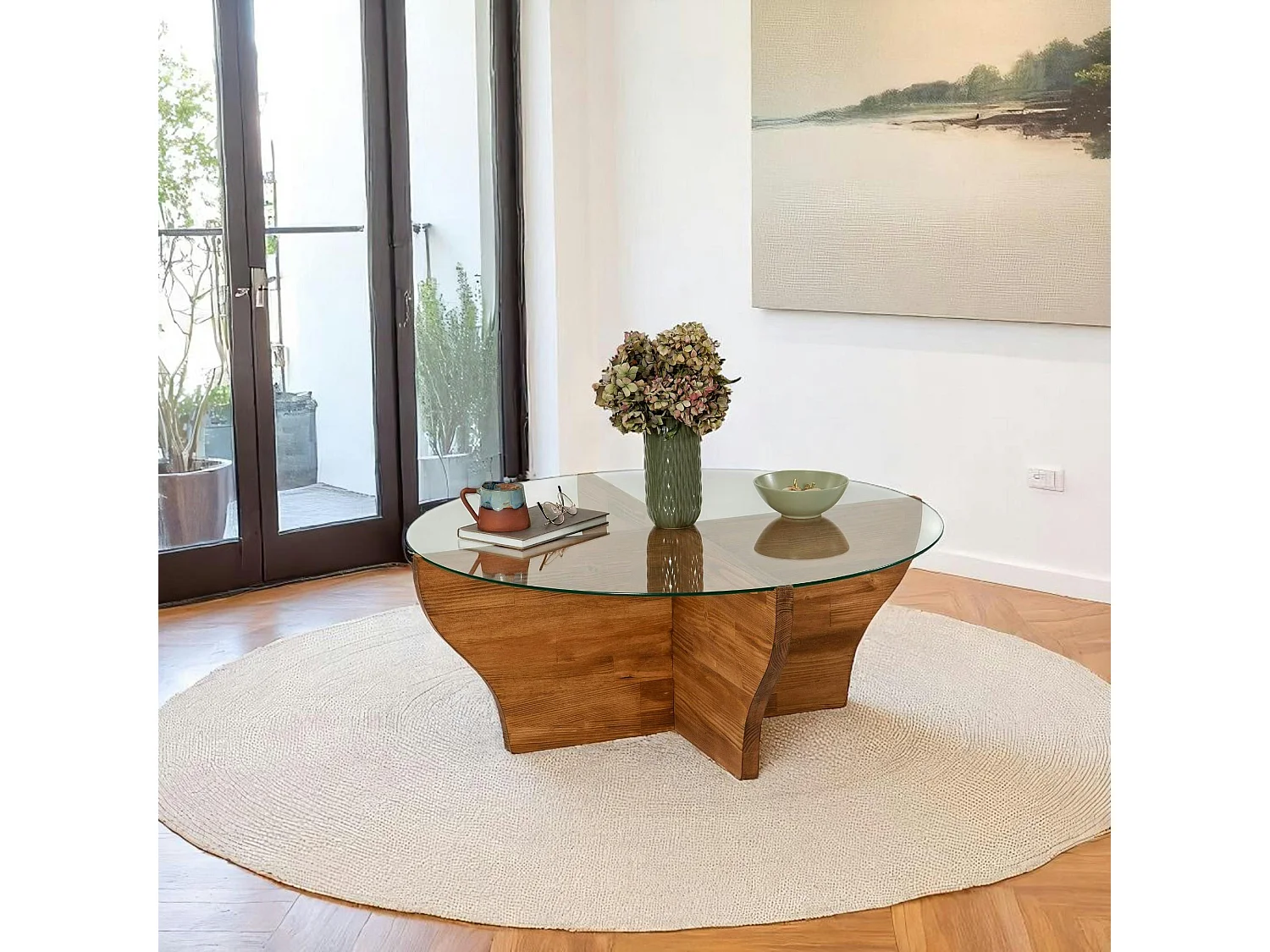 Table basse en verre et bois marron - pied en X, ANZIO