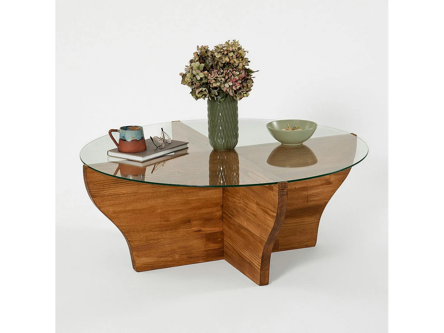 Table basse en verre et bois marron - pied en X, ANZIO