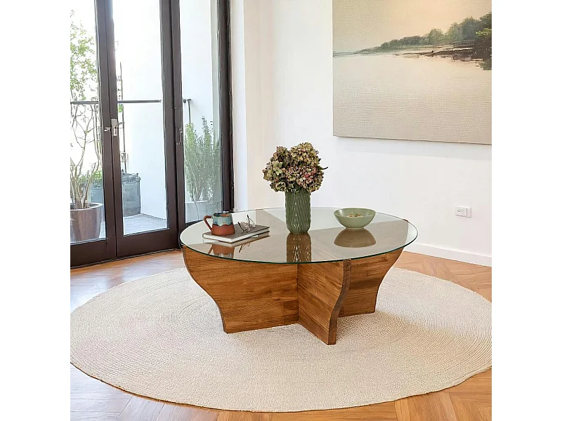 Table basse en verre et bois marron - pied en X, ANZIO