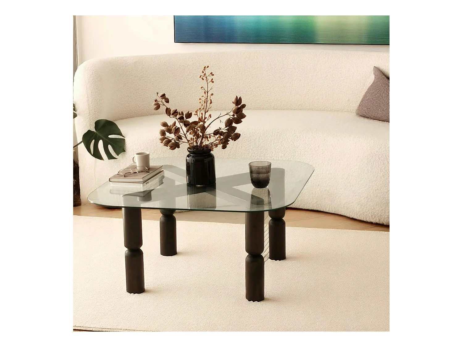 Table basse carrée en verre - pieds bois sculpté BOMA