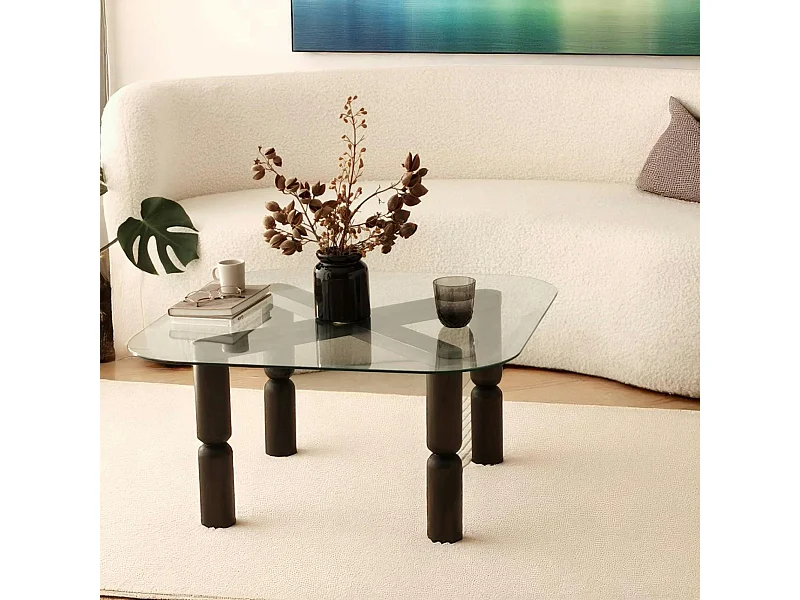 Table basse carrée en verre - pieds bois sculpté BOMA