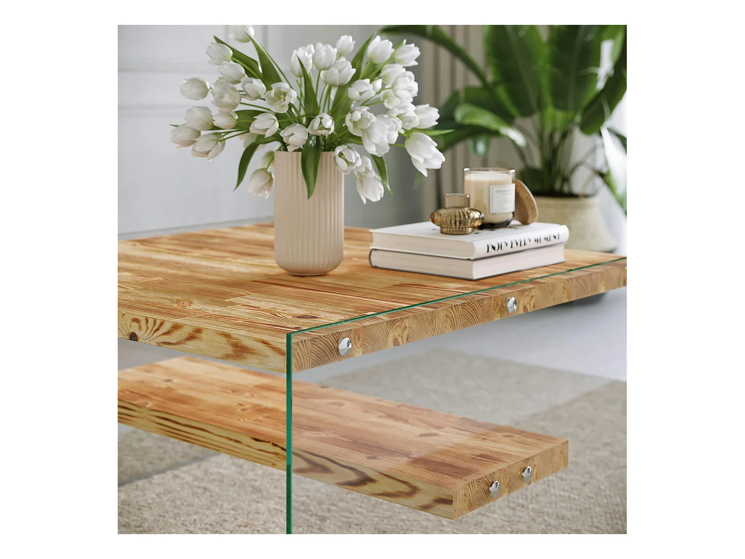 Table basse verre et bois - plateaux clairs suspendus LHASA