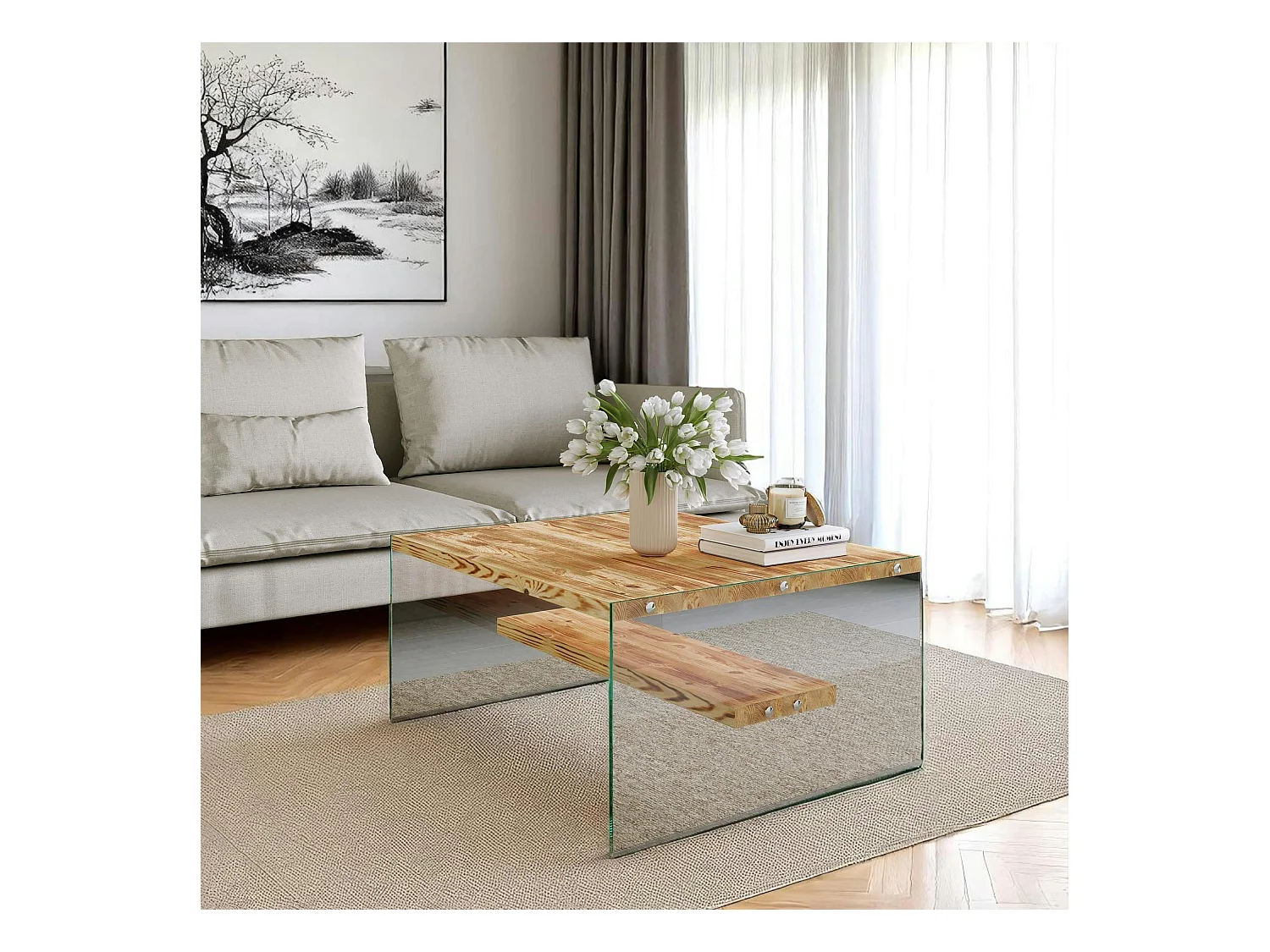 Table basse verre et bois - plateaux clairs suspendus LHASA