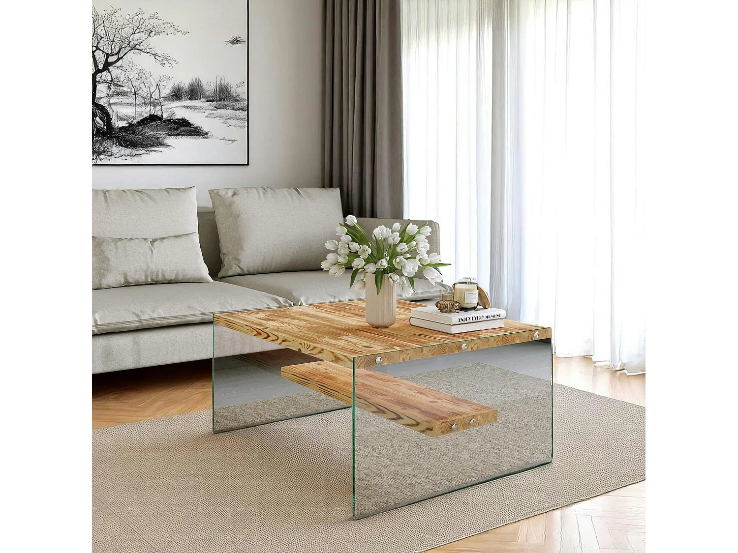 Table basse verre et bois - plateaux clairs suspendus LHASA