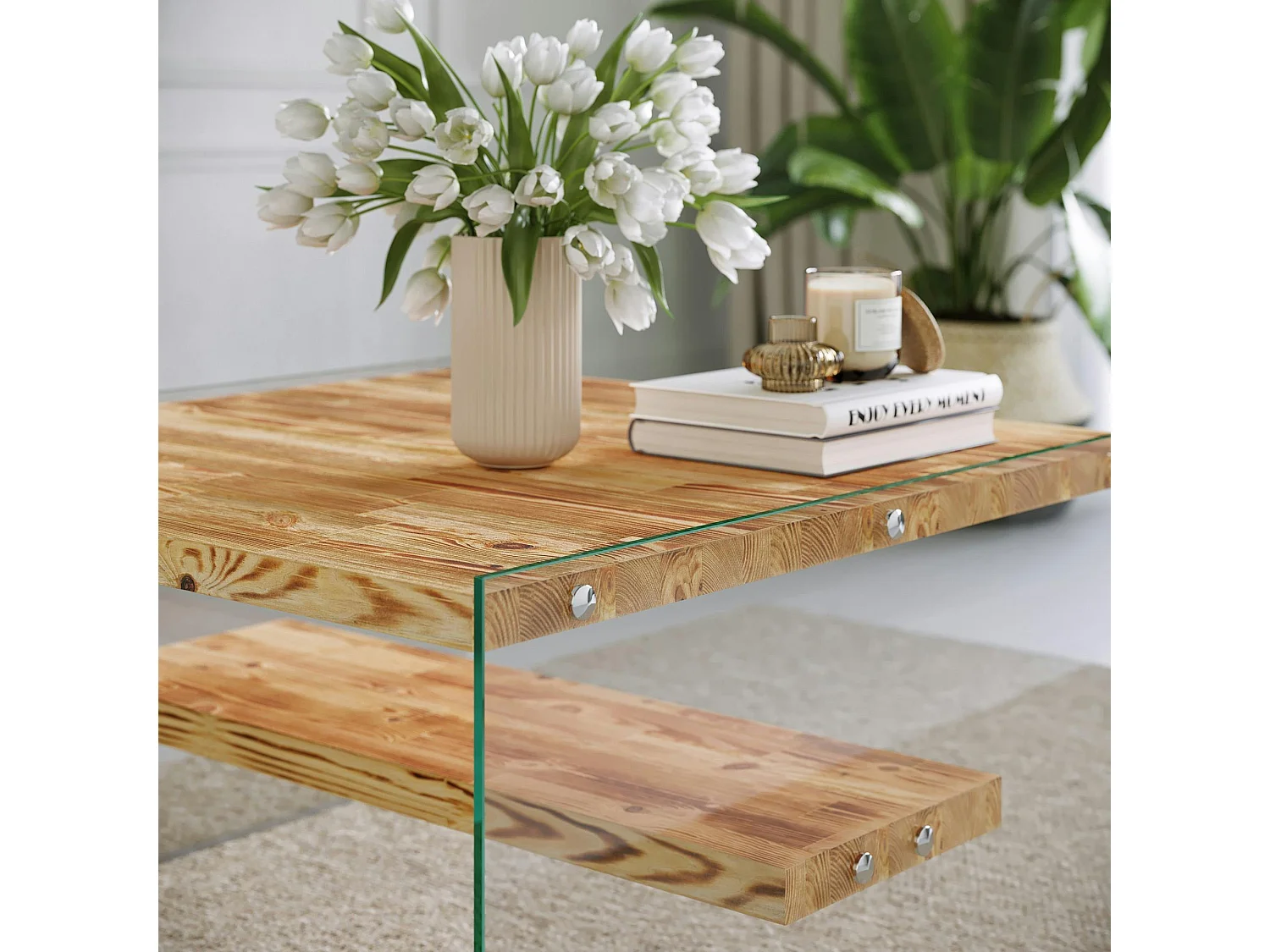 Table basse verre et bois - plateaux clairs suspendus LHASA
