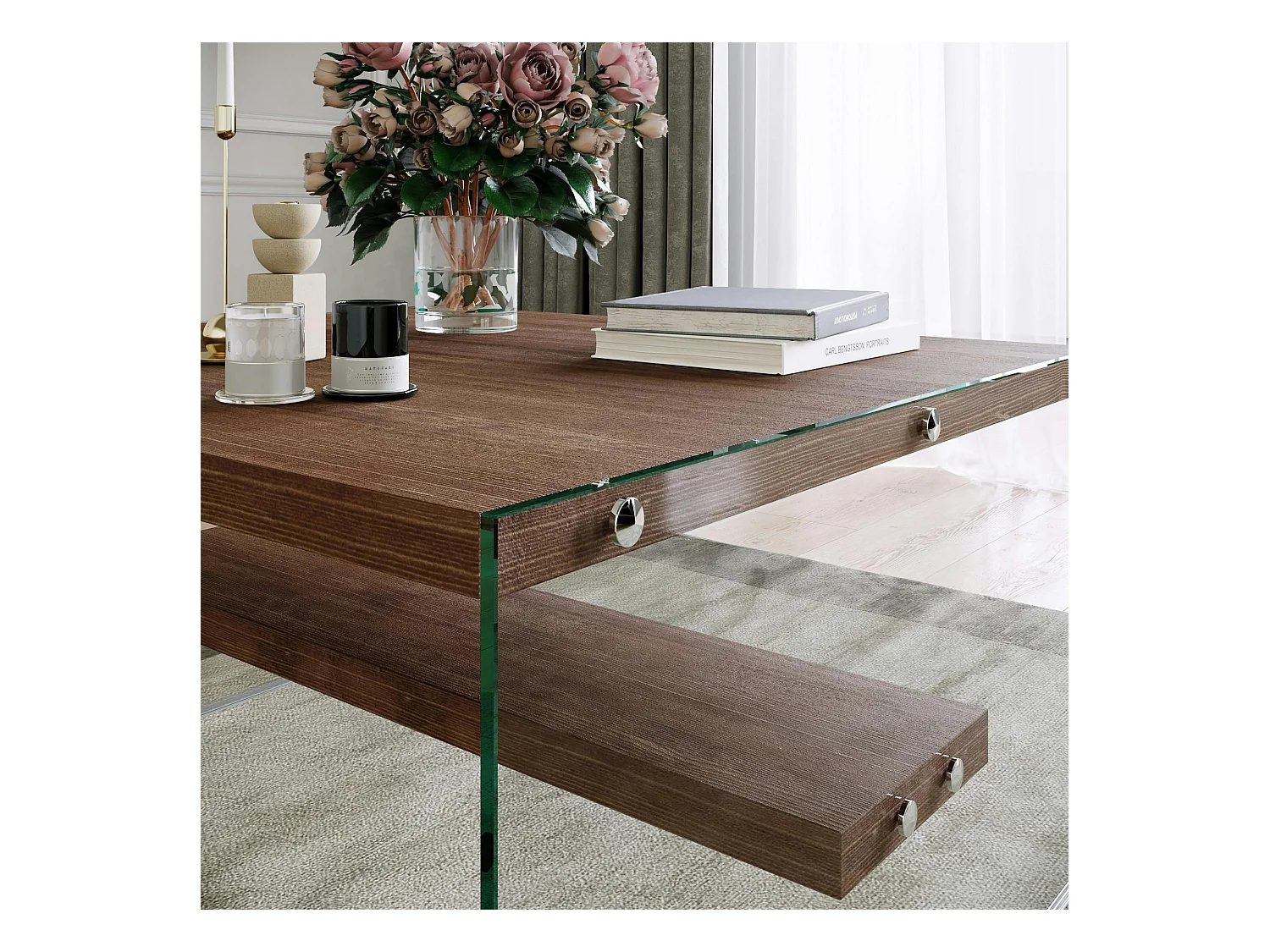 Table basse verre et bois - plateaux bruns suspendus LHASA