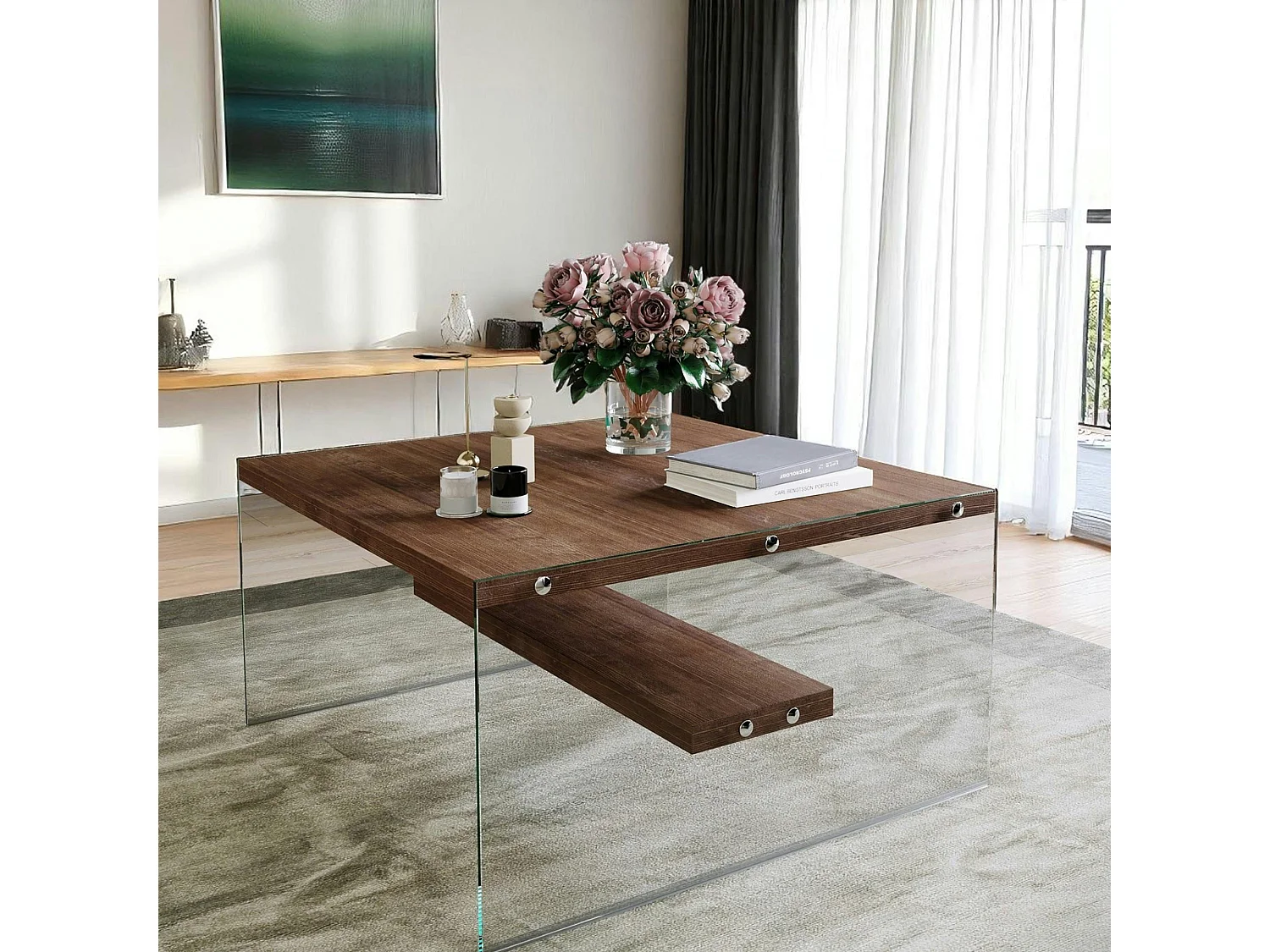 Table basse verre et bois - plateaux bruns suspendus LHASA