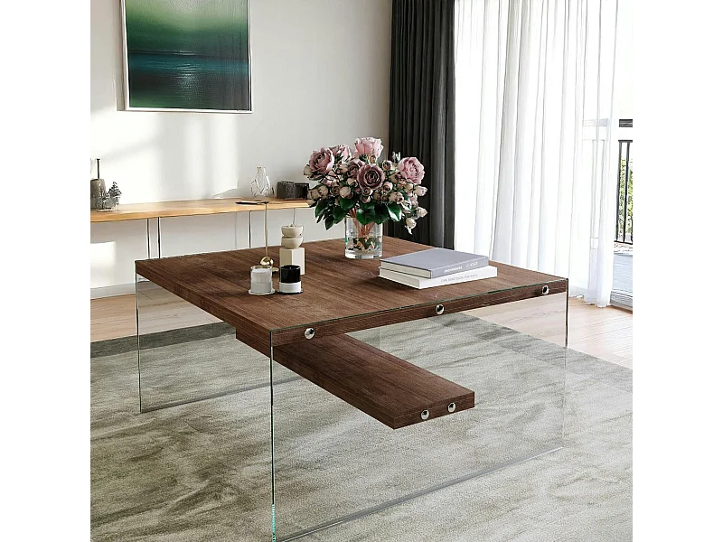 Table basse verre et bois - plateaux bruns suspendus LHASA