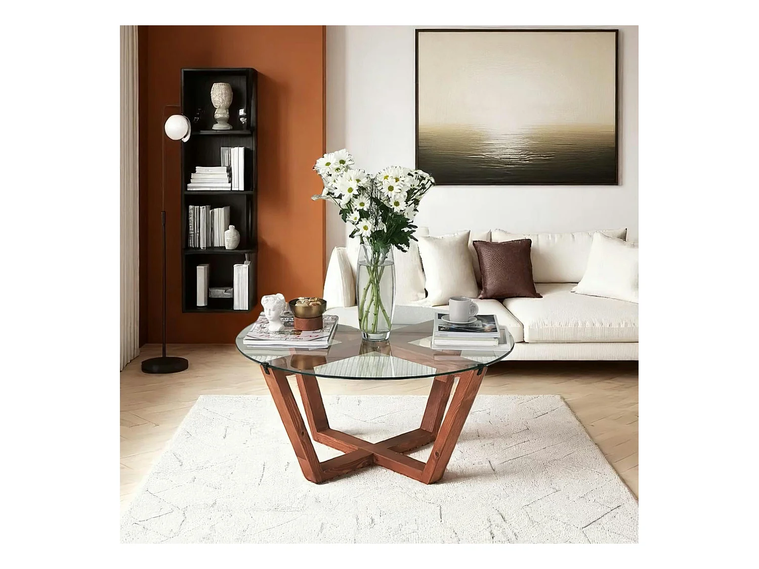 Table basse ronde verre et bois brun  - pieds croisés ANZIO