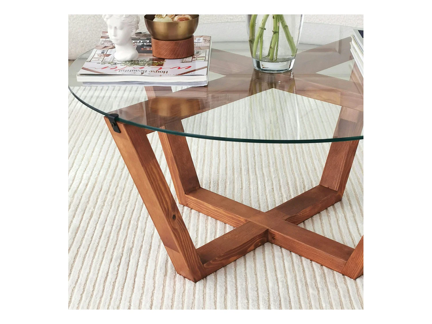 Table basse ronde verre et bois brun  - pieds croisés ANZIO