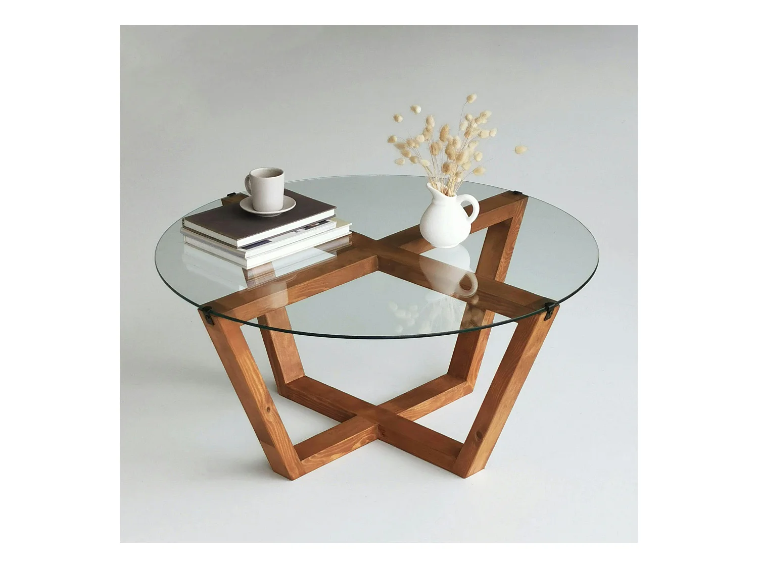 Table basse ronde verre et bois brun  - pieds croisés ANZIO