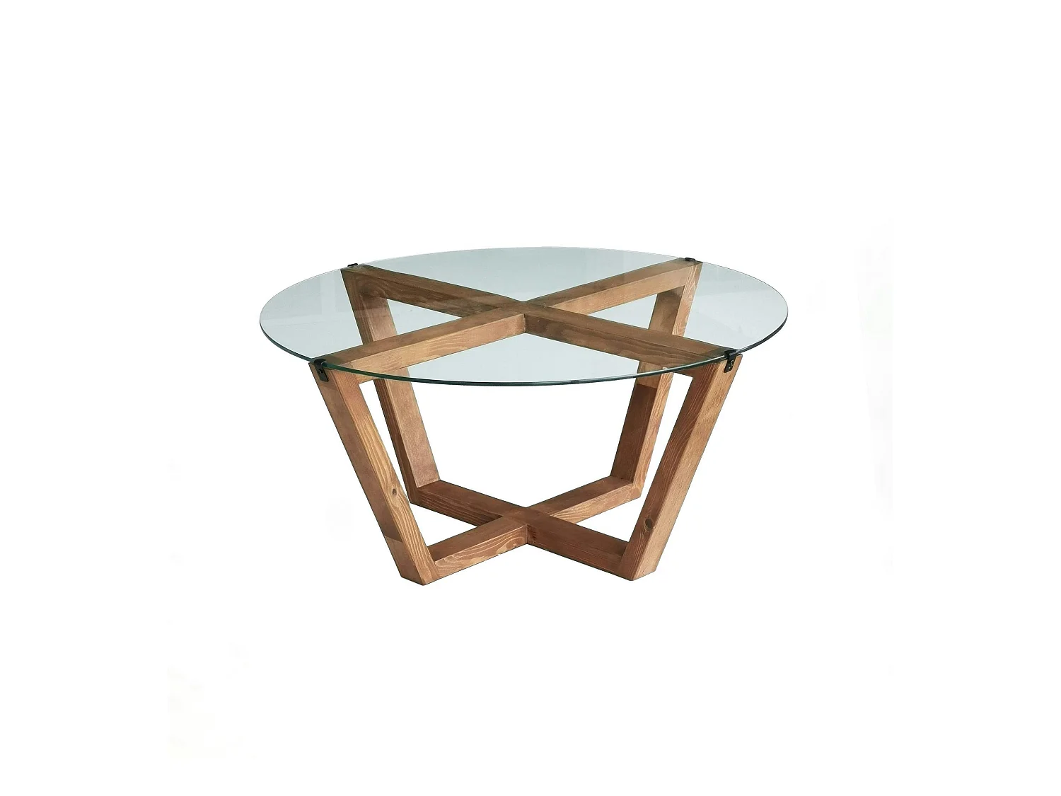 Table basse ronde verre et bois brun  - pieds croisés ANZIO