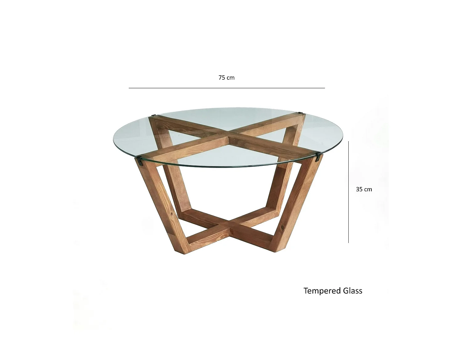 Table basse ronde verre et bois brun  - pieds croisés ANZIO