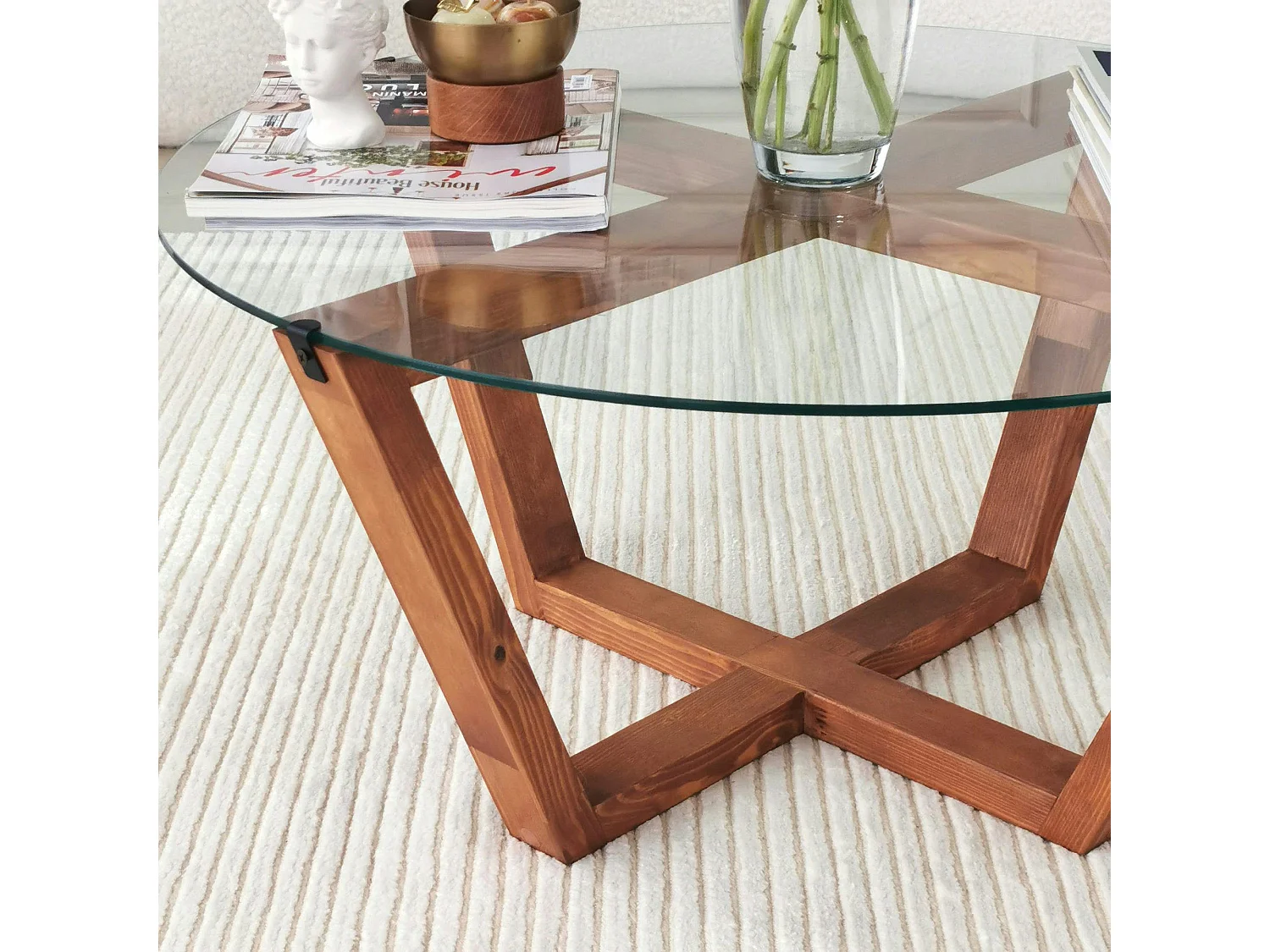 Table basse ronde verre et bois brun  - pieds croisés ANZIO