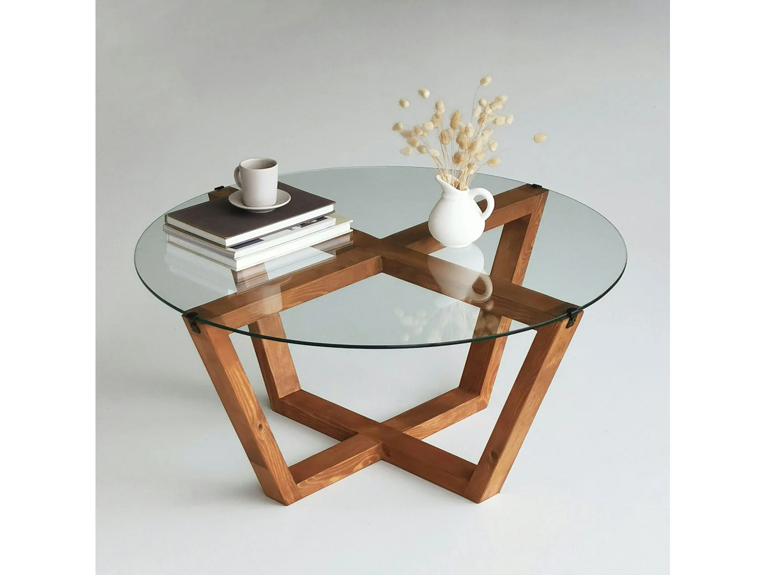 Table basse ronde verre et bois brun  - pieds croisés ANZIO